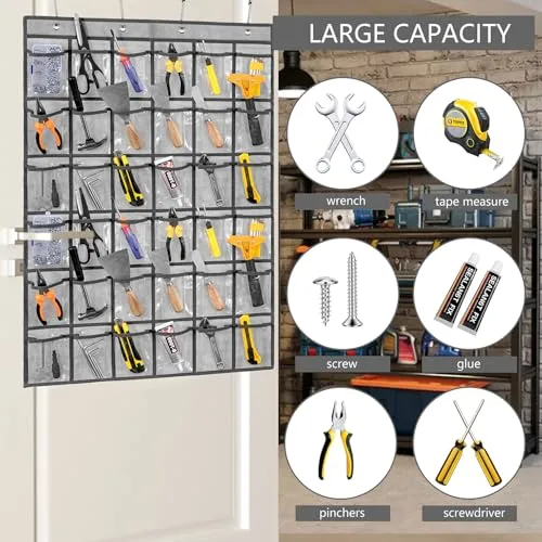 Over Door Hanging Tool Storage Bag Wall Mounted Screw Organizer Garage Accessories Organization with Clear Pockets (36 pockets)