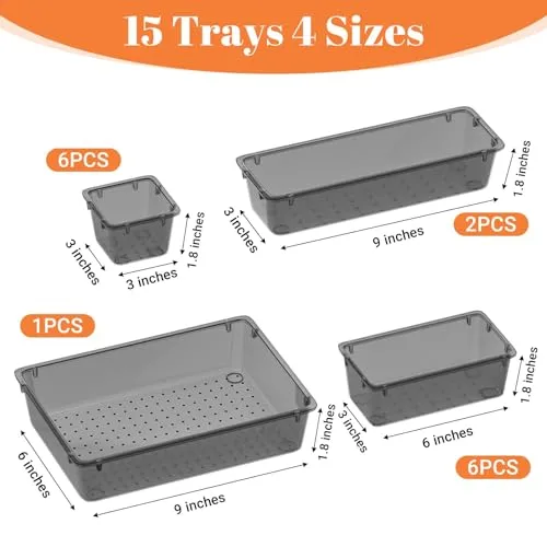 SpaceHacks 15 PCS Plastic Drawer Organizer Set, Drawer Storage Trays