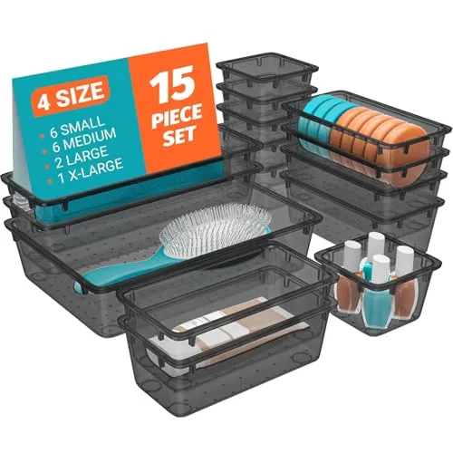SpaceHacks 15 PCS Plastic Drawer Organizer Set, Drawer Storage Trays