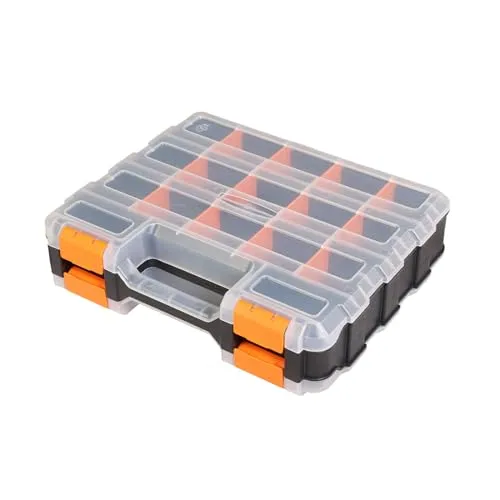 Jack Boss Tool Box with Transparent Lid, Double Side 34-Compartments Organizer Box with Removable Dividers for Hardware, Screws, Bolts, Nails, Beads, Jewelry and Fishing Accessories, Orange, 1 Pack