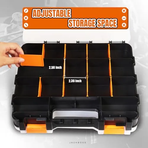 Jack Boss Tool Box with Transparent Lid, Double Side 34-Compartments Organizer Box with Removable Dividers for Hardware, Screws, Bolts, Nails, Beads, Jewelry and Fishing Accessories, Orange, 1 Pack