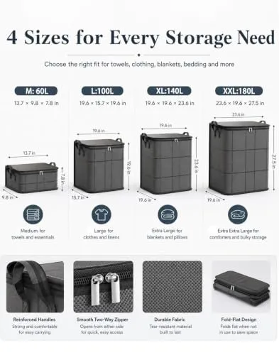 3 Pack 180L Spacious Moving Storage Bin, Portable Moving Storage Bags, Foldable Large-Capacity Clothes Storage Containers for Bedroom, Closet, Clothing, Comforter, Reinforced Handles，XL: 180L：1
