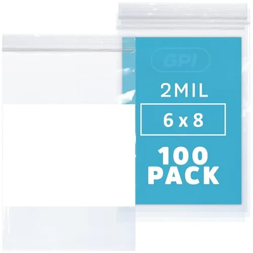 100 Count, 6" x 8" Zip Bags, 2 Mil Thick Clear Plastic Reclosable Zipper Lock Bags with Write-on White Block, with Resealable Zip Top Lock for Food Storage, Sandwiches, Jewelry, Candy.