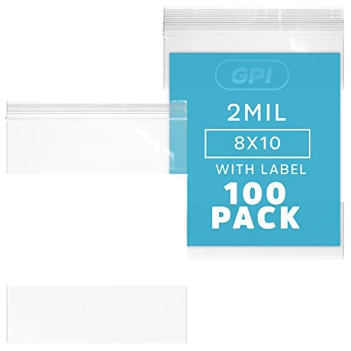 100 Count, 8" x 10" 1/2 Gallon Zip Bags, 2 Mil Thick Clear Plastic Reclosable Zipper Lock Bags with Write-on White Block, with Resealable Zip Top Lock for Food Storage, Sandwiches & Office Supplies