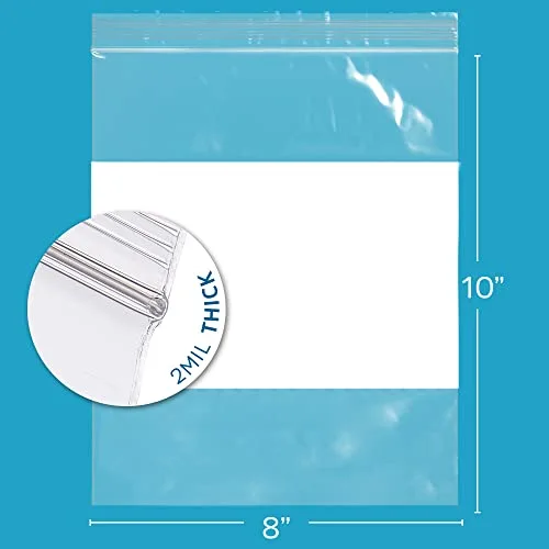 100 Count, 8" x 10" 1/2 Gallon Zip Bags, 2 Mil Thick Clear Plastic Reclosable Zipper Lock Bags with Write-on White Block, with Resealable Zip Top Lock for Food Storage, Sandwiches & Office Supplies
