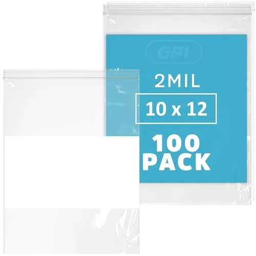 10" x 12" 1 Gallon Zip Bags, 2 Mil Thick Clear Plastic Reclosable Zipper Lock Bags with Write-on White Block, with Resealable Zip Top Lock for Food Storage, A4 Letter Size Paper, 100 Count