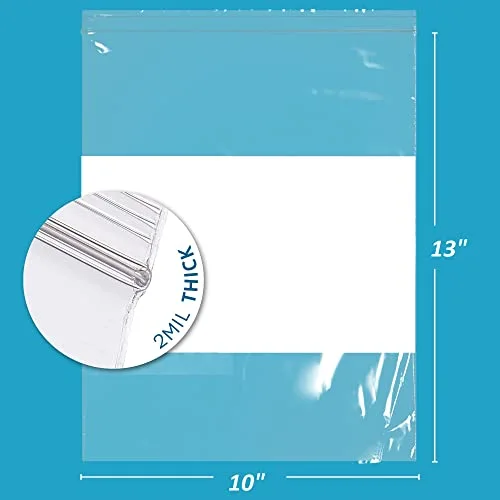 10" x 13" Large Zip Bags, 2 Mil Thick Clear Plastic Reclosable Zipper Lock Bags with Write-on White Block, with Resealable Zip Top Lock for Food Storage & Office Supplies, 100 Count