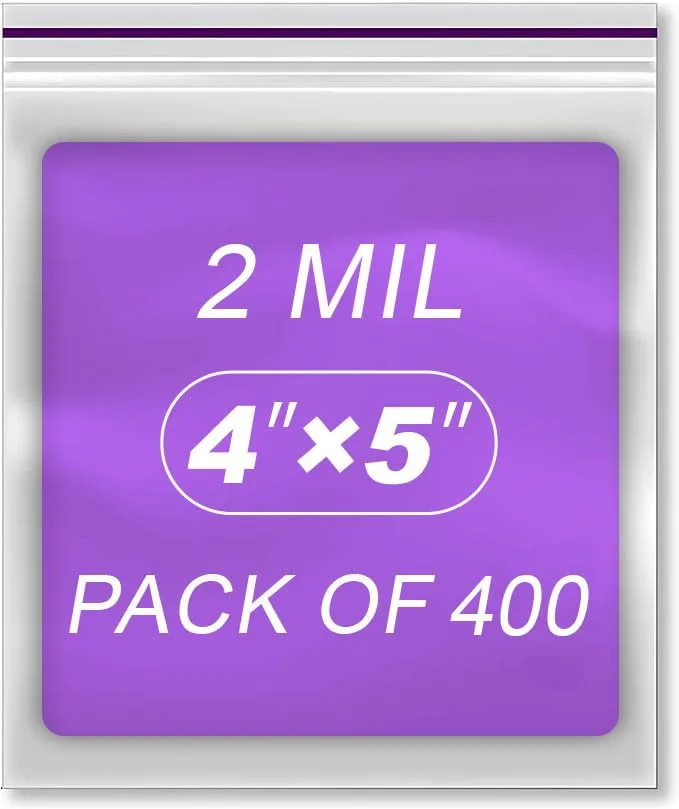 4x5 inch Clear Zip Bags 2 Mil Thick Pack of 400 Resealable Plastic Zip Bags Durable Ideal for Food Storage Freezer Snacks Pantry Jewelry Tourism Heavy-Duty Packaging Coins Pills Candy Beads
