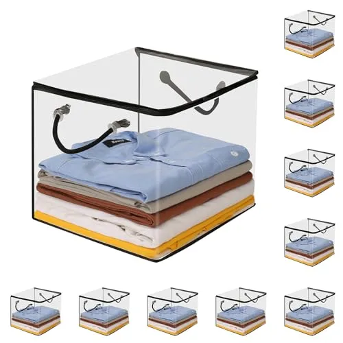 10 PCS Clear Zippered Storage Bags with Handles,Sweater Storage with Two-Way Zipper,Foldable Closet Organizer Bed Sheet Organizer,Cube Plastic Organizer,Bag,Bin for Clothes,Towel-BK