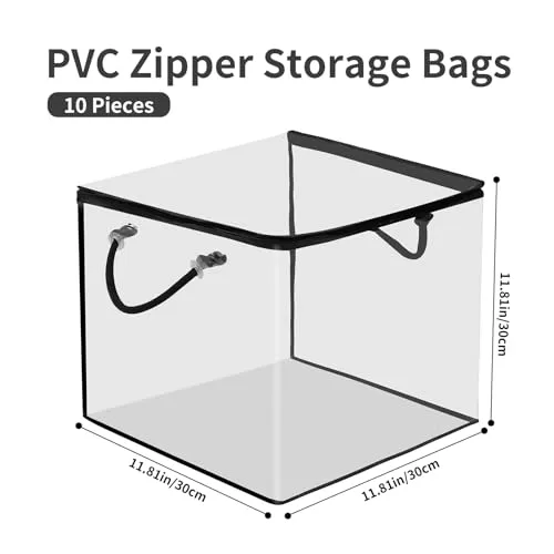 10 PCS Clear Zippered Storage Bags with Handles,Sweater Storage with Two-Way Zipper,Foldable Closet Organizer Bed Sheet Organizer,Cube Plastic Organizer,Bag,Bin for Clothes,Towel-BK
