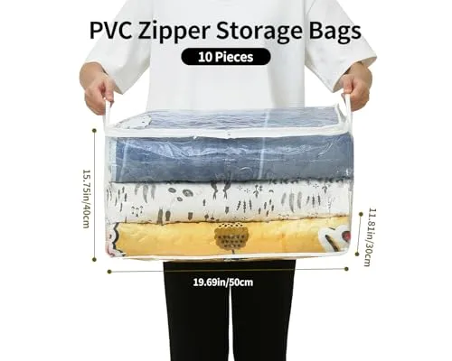 10 PCS Clear Zippered Storage Bags with Handle, Sweater Storage with Zipper, Foldable Closet Organizer Bed Sheet Organizer, Cube Plastic Organizer, Bag, Bin for Clothes,Towel-20 * 16 * 12