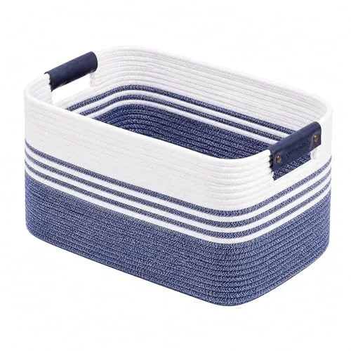 Cotton Rope Laundry Basket Medium, 15.4GAL Collapsible Woven Storage Baskets for Living Room Kids Toys Stuffed Animal,Boho Rectangular Decorative Short Hamper for Dirty Clothes, Blankets Denim Blue