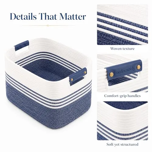 Cotton Rope Laundry Basket Medium, 15.4GAL Collapsible Woven Storage Baskets for Living Room Kids Toys Stuffed Animal,Boho Rectangular Decorative Short Hamper for Dirty Clothes, Blankets Denim Blue