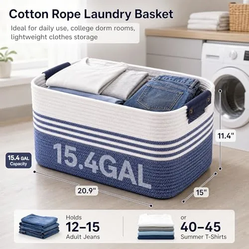 Cotton Rope Laundry Basket Medium, 15.4GAL Collapsible Woven Storage Baskets for Living Room Kids Toys Stuffed Animal,Boho Rectangular Decorative Short Hamper for Dirty Clothes, Blankets Denim Blue