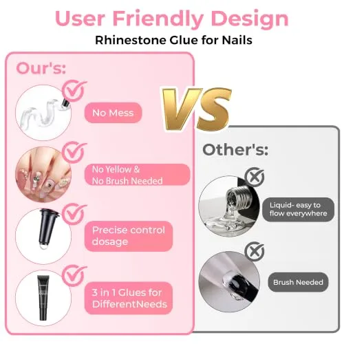 Rhinestone Glue for Nails, Super Strong Adhesive Gel Nail Glue for Bling Jewel Diamonds Decor Nail Arts for Salon & DIY Manicure, Nail Techs Supplies Beginners, Nail Lamp Required, 15ml
