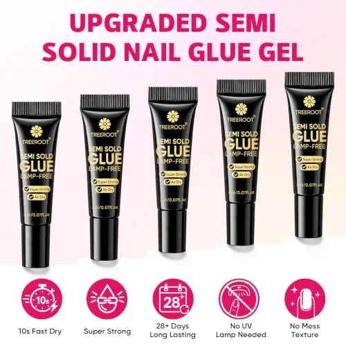 5 PCS 2ml Semi Solid Super Strong Gel Nail Glue for Press Ons, No UV Lamp