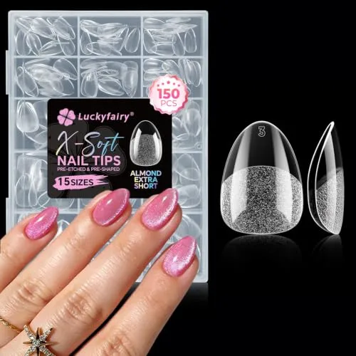 Luckyfairy Extra Short Almond Nail Tips, 15 Sizes 150pcs XS Press on Nails
