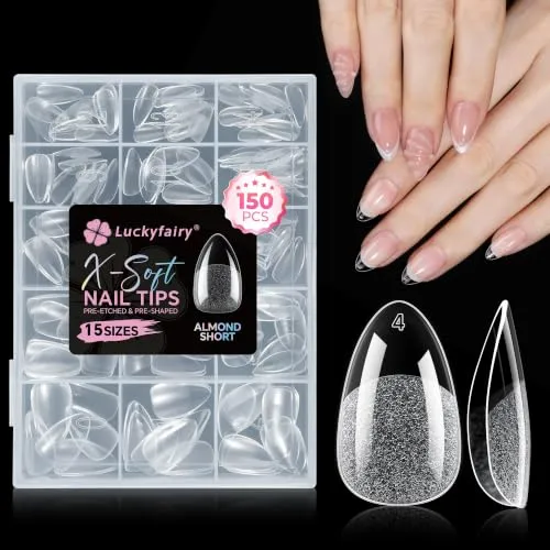 Luckyfairy Short Almond X-Soft Gel Nail Tips 150pcs 15 Size Pre-Etched