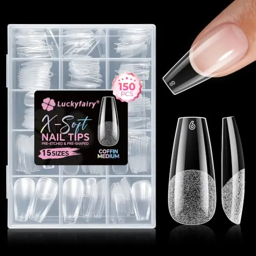 Luckyfairy Medium Coffin Nail Tips, 15 Sizes 150pcs Pre-etched Fake Nails