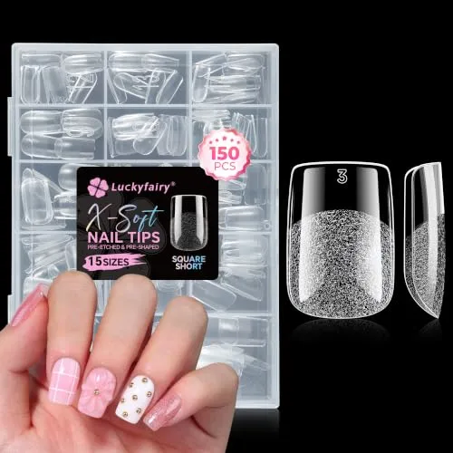 Luckyfairy Short Square Nail Tips, 150Pcs 15 Size X-Soft Gel Nail Tips
