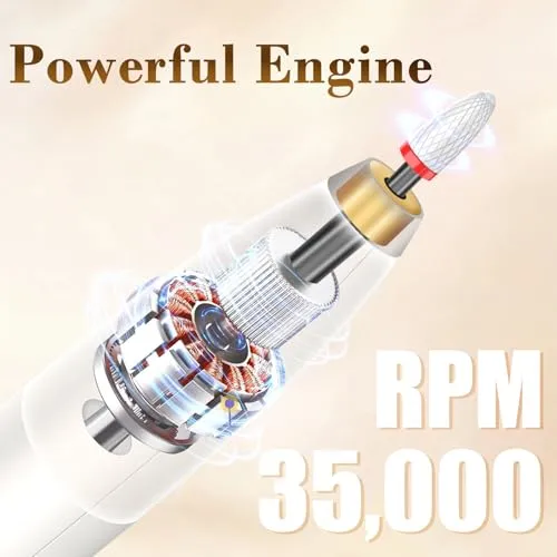 Cordless Nail Drill, 35000RPM Electric Nail File, Rechargeable Efile Set for Acrylic Gel Dip Powder Nails, Pedicure Manicure Tool for Women, Salon, Home