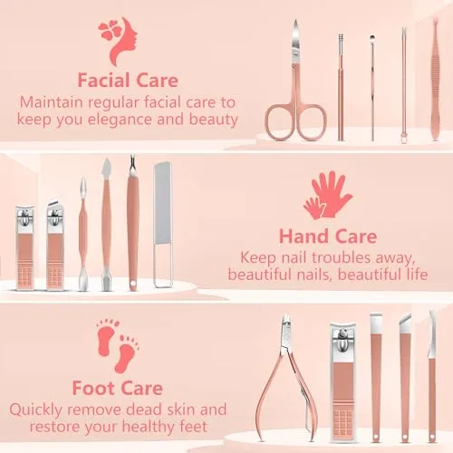 Manicure Set 16Pcs Professional Stainless Steel Pedicure Kit Mens Grooming Kit Fingernail & Toenail Clippers Set Manicure Kit with Luxurious Travel Bag, Sharp Nail Scissors and Clipper (Pink)