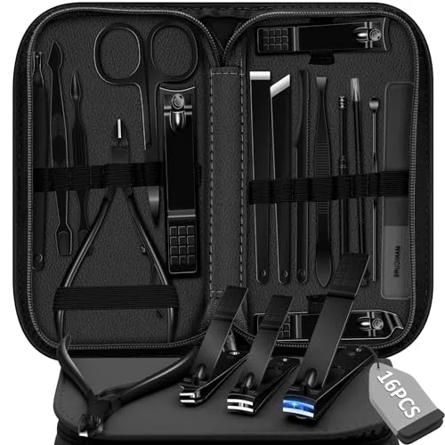 Manicure Set 16 In 1 Professional Stainless Steel Pedicure Kit Toenail Clippers Set Mens Grooming Kit Fingernail Kit for Women with Luxurious Travel Bag, Suitable for Home, Travel, and Salon (Black)