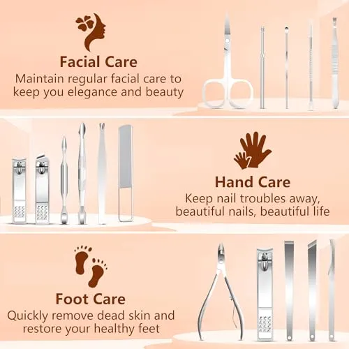 Manicure Set 16 In 1 Professional Stainless Steel Pedicure Kit Toenail Clippers Set Mens Grooming Kit Fingernail Kit for Women with Luxurious Travel Bag, Suitable for Home, Travel, and Salon (Brown)