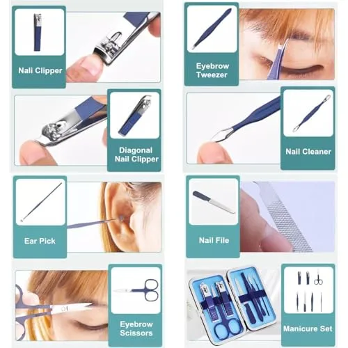 QURIPE 7pcs Manicure Set, Nail Clippers Kit, Stainless Steel Manicure Kit, Nail Clipping Tools Portable Travel Grooming Kit, The Best Gift with Luxurious Case (Blue)