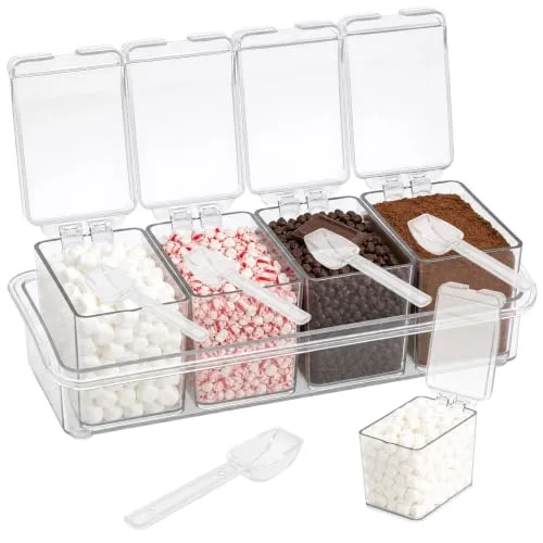 Hot Cocoa Bar Supplies Kit,Clear Acrylic 4-Cell Hot Chocolate Bar Supplies with Lids and Spoons,toppings containers with Lids for Cocoa Marshmallows,Crushed Candy Canes,Chocolate Chips,Ground Cinnamon