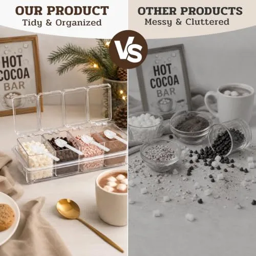 Hot Cocoa Bar Supplies Kit,Clear Acrylic 4-Cell Hot Chocolate Bar Supplies with Lids and Spoons,toppings containers with Lids for Cocoa Marshmallows,Crushed Candy Canes,Chocolate Chips,Ground Cinnamon