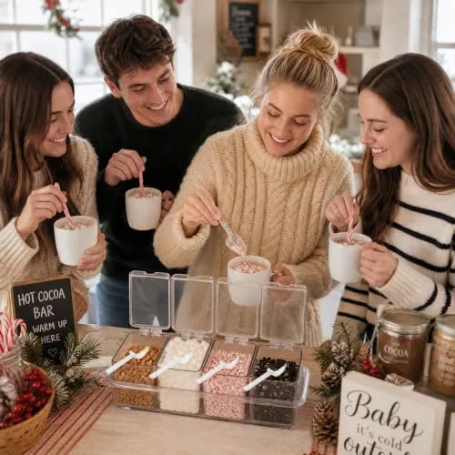 Hot Cocoa Bar Supplies Kit,Clear Acrylic 4-Cell Hot Chocolate Bar Supplies with Lids and Spoons,toppings containers with Lids for Cocoa Marshmallows,Crushed Candy Canes,Chocolate Chips,Ground Cinnamon