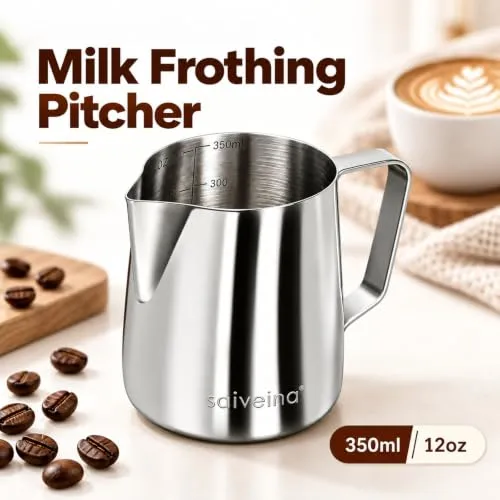 Saiveina Milk Frothing Pitcher, 12oz Milk Frother Cup Stainless Steel