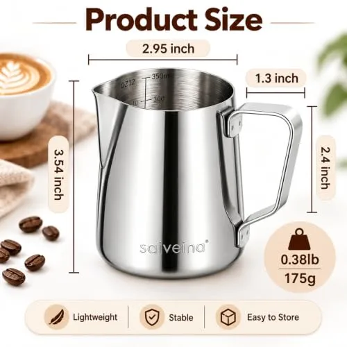 Saiveina Milk Frothing Pitcher, 12oz Milk Frother Cup Stainless Steel