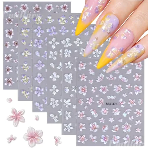 Flower Nail Stickers 6 Sheets Self-Adhesive Floral Nail Decals 5D Embossed Pink Purple White Nail Art Stickers for Women DIY Manicure Accessories Decorations