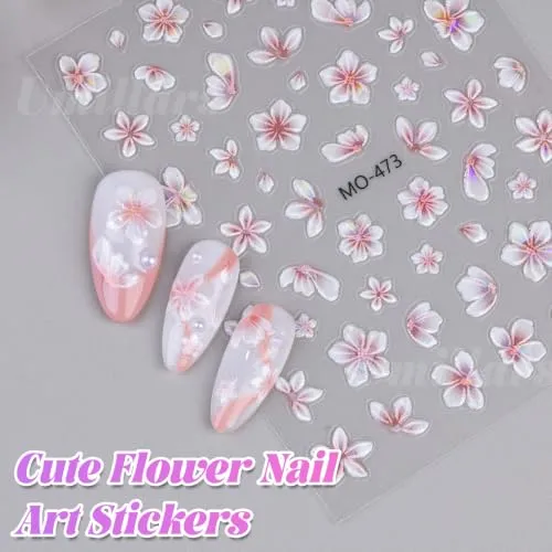 Flower Nail Stickers 6 Sheets Self-Adhesive Floral Nail Decals 5D Embossed Pink Purple White Nail Art Stickers for Women DIY Manicure Accessories Decorations
