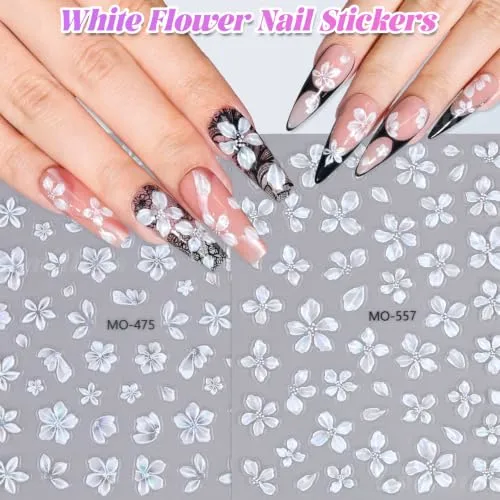 Flower Nail Stickers 6 Sheets Self-Adhesive Floral Nail Decals 5D Embossed Pink Purple White Nail Art Stickers for Women DIY Manicure Accessories Decorations