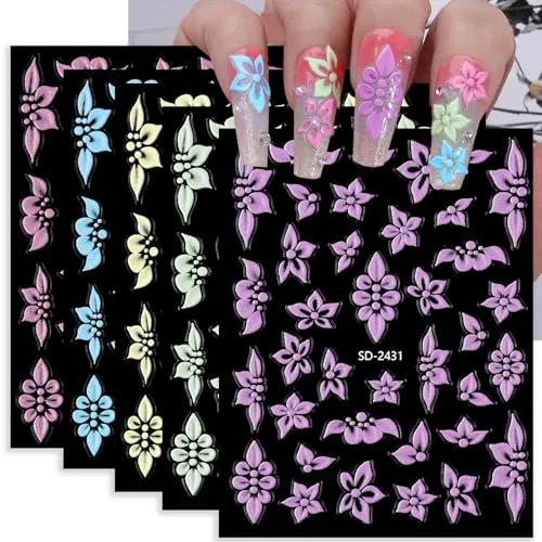 Flower Nail Stickers 5 Sheets Self-Adhesive Floral Nail Decals 5D Embossed Pink Purple Blue Nail Art Stickers Flower Pegatinas para Uñas for Women DIY Manicure Accessories Decorations