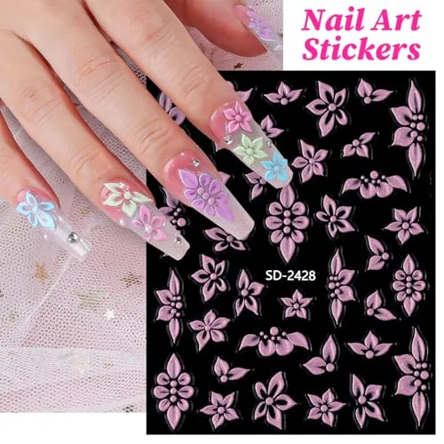 Flower Nail Stickers 5 Sheets Self-Adhesive Floral Nail Decals 5D Embossed Pink Purple Blue Nail Art Stickers Flower Pegatinas para Uñas for Women DIY Manicure Accessories Decorations