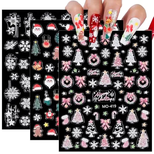 Christmas Nail Art Stickers 3 Sheets 5D Embossed Self Adhesive Nail Decals Snowflake Santa Claus Christmas Tree Elk Reindeer Bow Tie Designs Nail Stickers for Women DIY Manicure Supplies Holiday Gift