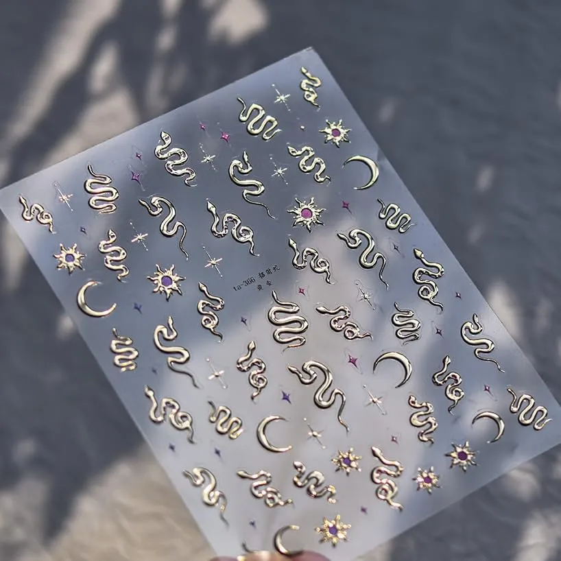 Phuryllic 3D Nail Stickers for Nail Art, Embossed Self-Adhesive Cute Nail Charms & Decals for DIY Nails, Easy-to-Apply Nail Design Supplies & Accessories for Home Manicure- Gold Snake