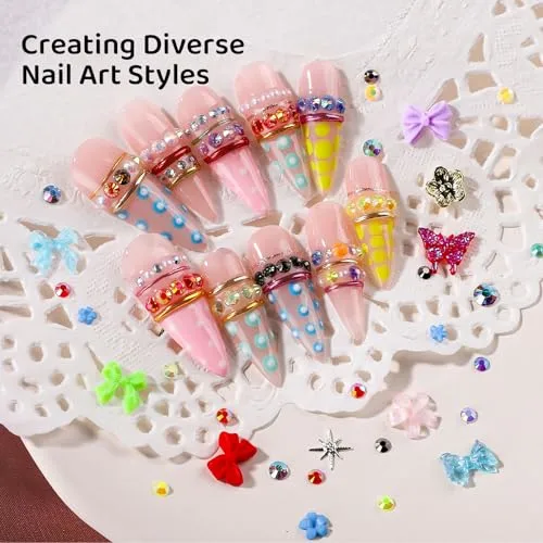 FAMDAMEI 24 Grid Nail Charms, Bedazzling Kit with Multi Shapes Cute Nail Charms and Gems, Colorful Bedazzling Gems Nail Rhinestones Kit, 3D Mermaid Starfish Shell Flower Gold Silver Pearls for DIY