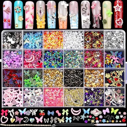FAMDAMEI 24 Grid Nail Charms, Bedazzling Kit with Multi Shapes Cute Nail Charms and Gems, Colorful Bedazzling Gems Nail Rhinestones Kit, 3D Mermaid Starfish Shell Flower Gold Silver Pearls for DIY