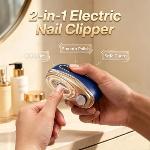 Madrid Wind Nail Clippers, 2 in 1 Safe Electric Nail Clipper & Polisher for Seniors Adults, Smart Trimmer with LED Light and Nail Storage Box, Blue
