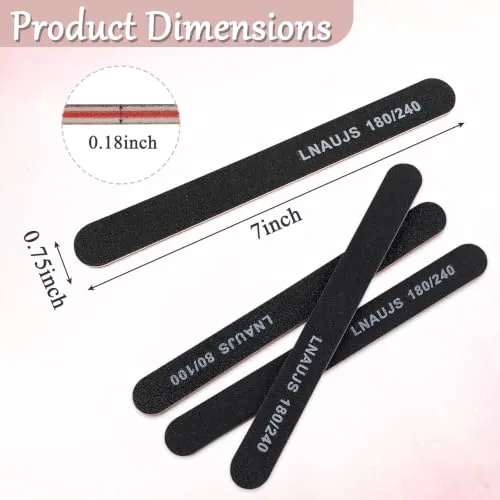 LNAUJS 10 Pack 80/100 and 180/240 Grit Nail Files, Black Professional Reusable Emery Boards Nail File, Manicure Tool Suitable for Both Acrylic and Natural Nails
