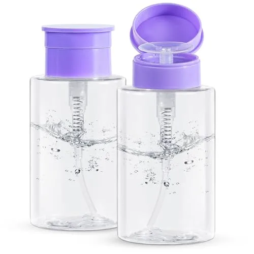 Nail Polish Remover Pump, YAMYONE 2 Pack Acetone Pump Dispenser, Alcohol Dispenser Push Down Empty Lockable Pump Dispenser Bottle for Nail Polish and Makeup Remover, 200ml(6.8oz) (Transparent Purple)