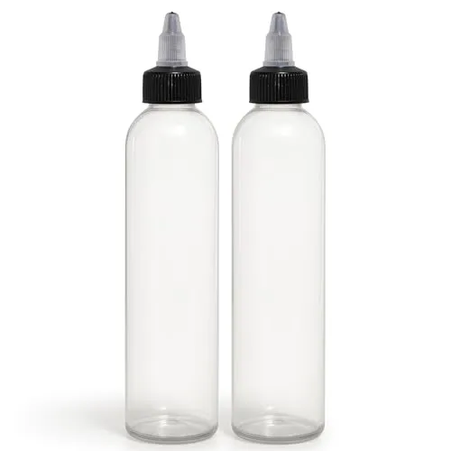 BRIGHTFROM Twist Top (Black) Applicator Bottles, 8 OZ Crystal Clear, Squeeze Empty Plastic Bottles, BPA-Free, PET, Refillable, Open/Close Nozzle - Multi Purpose (Pack of 2)