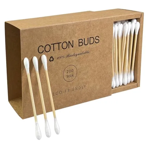 200 Count Natural Bamboo Cotton Tips, Organic Biodegradable Swab