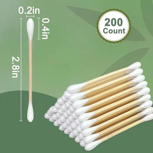 200 Count Natural Bamboo Cotton Tips, Organic Biodegradable Swab