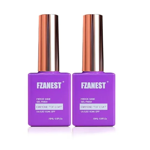 FZANEST Gel Top Coat 2 * 15ML No Wipe Diamond Top Coat Gel Nail Polish Clear High Glossy Mirror Shine Chrome Finish UV LED Long Lasting No Chipping Yellowing Salon Quality Home Use Beauty Gift